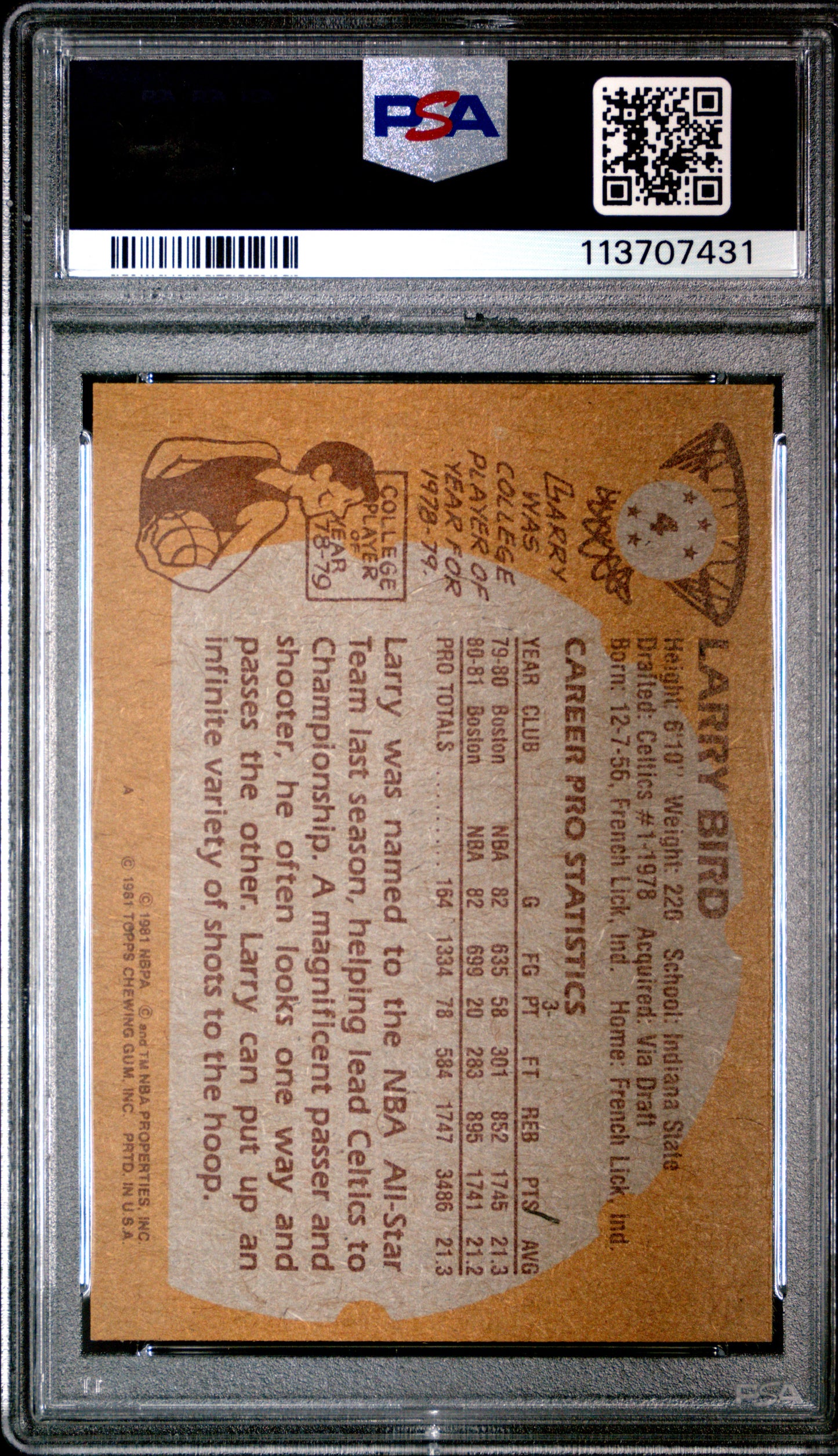 1981 Topps Basketball Larry Bird #4 PSA 8
