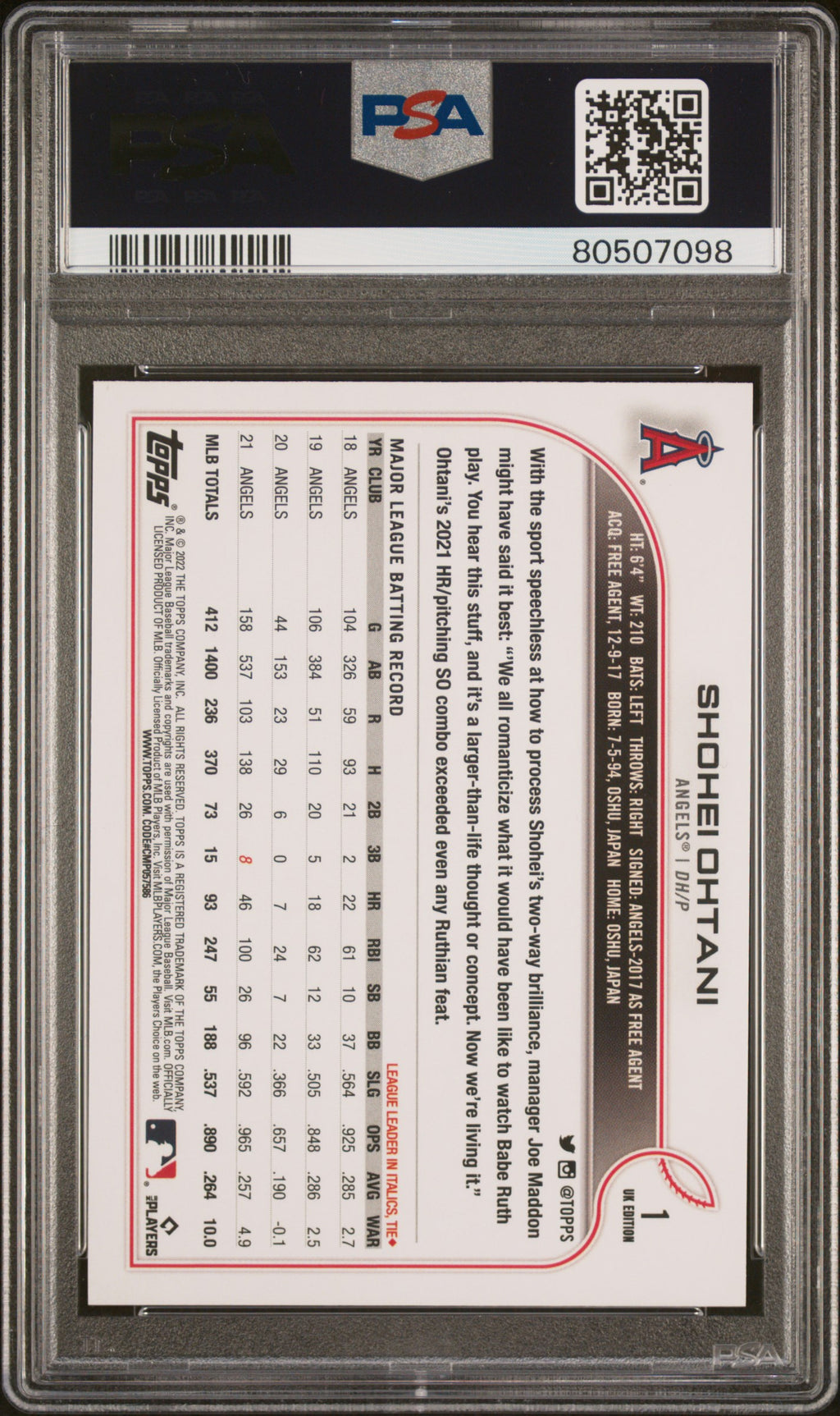 2022 Topps Uk Edition Baseball—Shohei Ohtani #1 —PSA 9