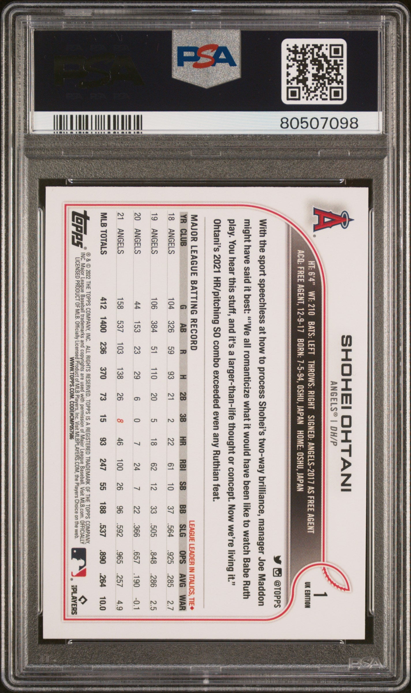 2022 Topps Uk Edition Baseball—Shohei Ohtani #1 —PSA 9