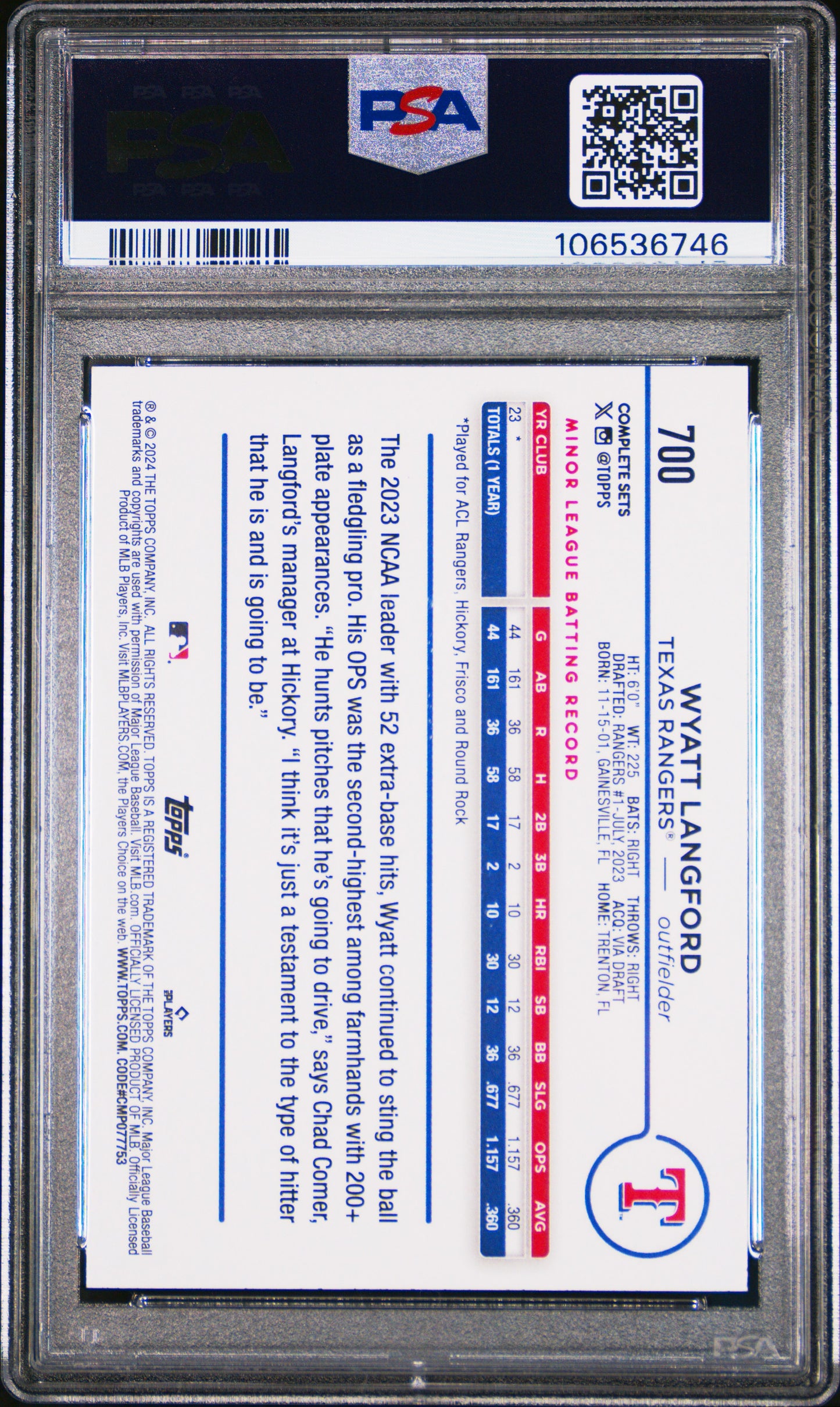 2024 Topps Complete Set Baseball Wyatt Langford #700 PSA 9