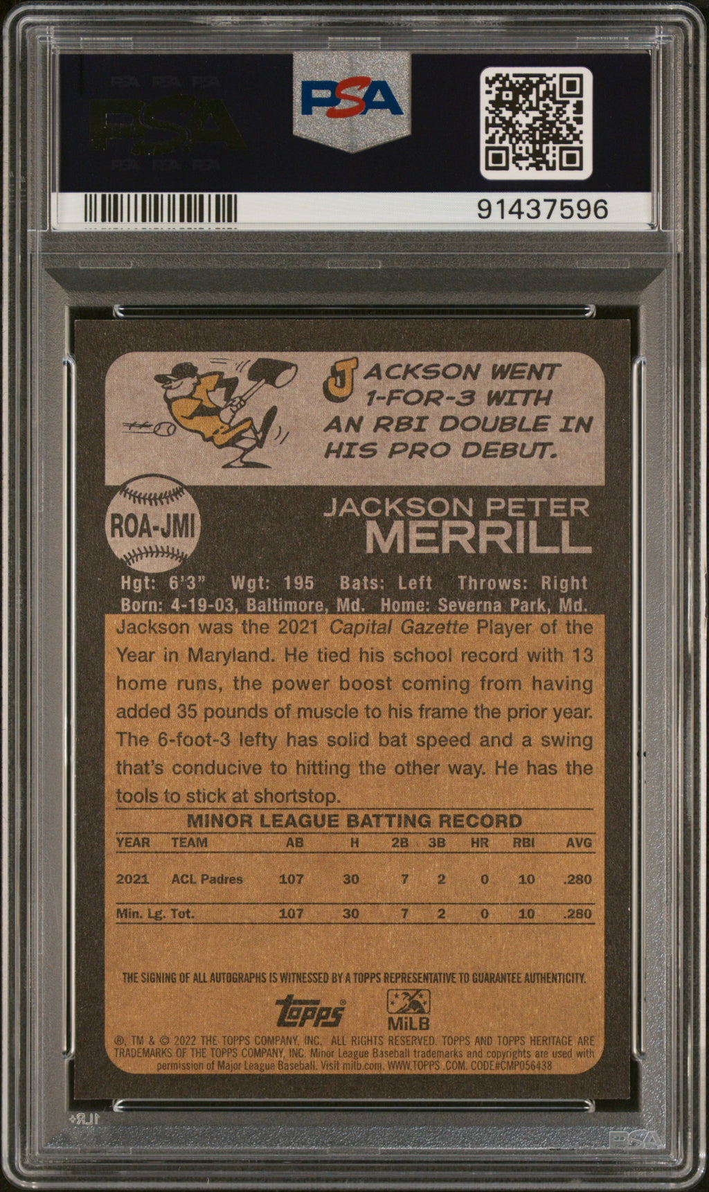 2022 Topps Heritage ML Real One Autographs Minor—Jackson Merrill #ROAJMl —PSA 9
