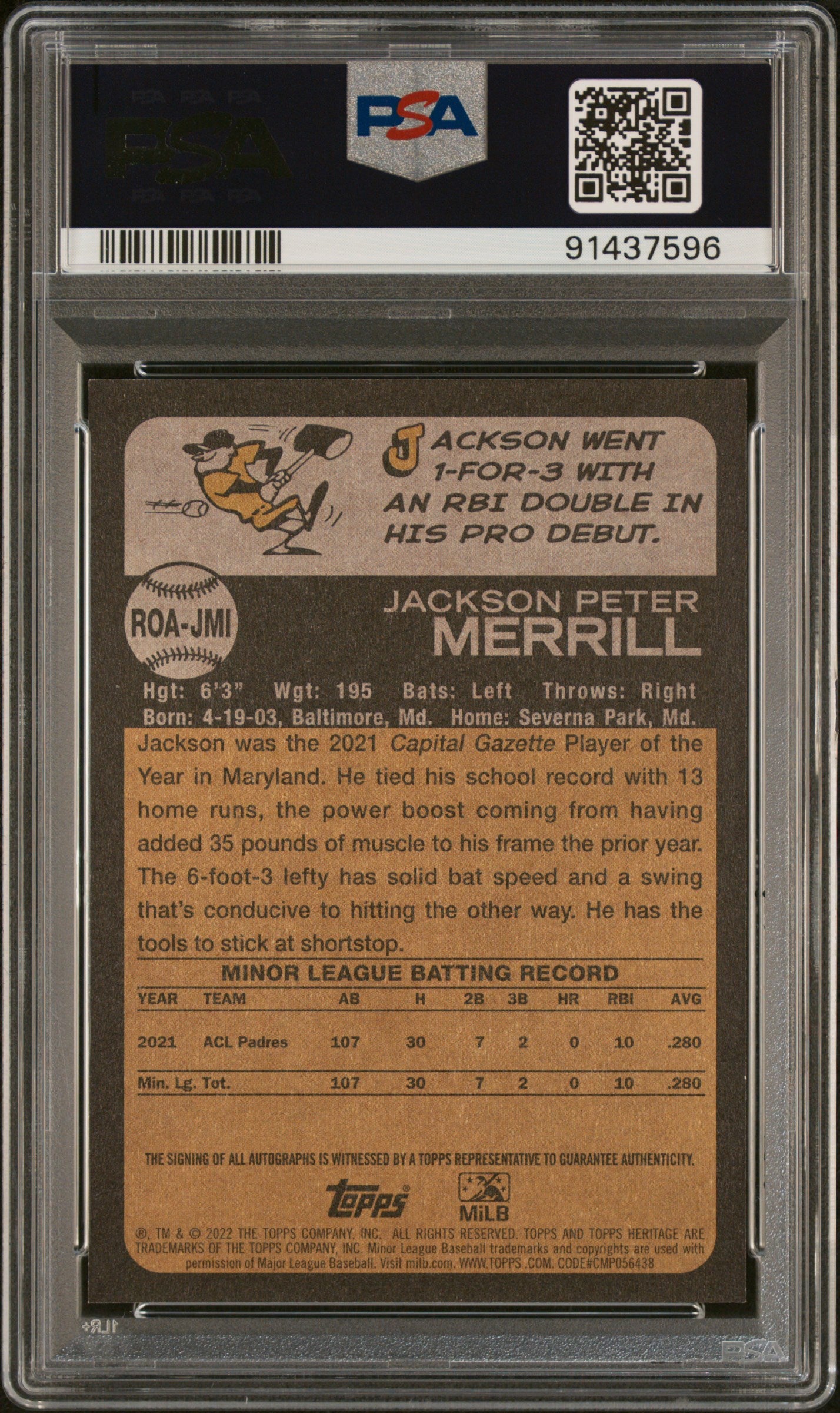 2022 Topps Heritage ML Real One Autographs Minor—Jackson Merrill #ROAJMl —PSA 9