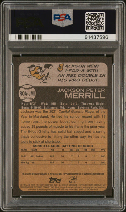 2022 Topps Heritage ML Real One Autographs Minor—Jackson Merrill #ROAJMl —PSA 9