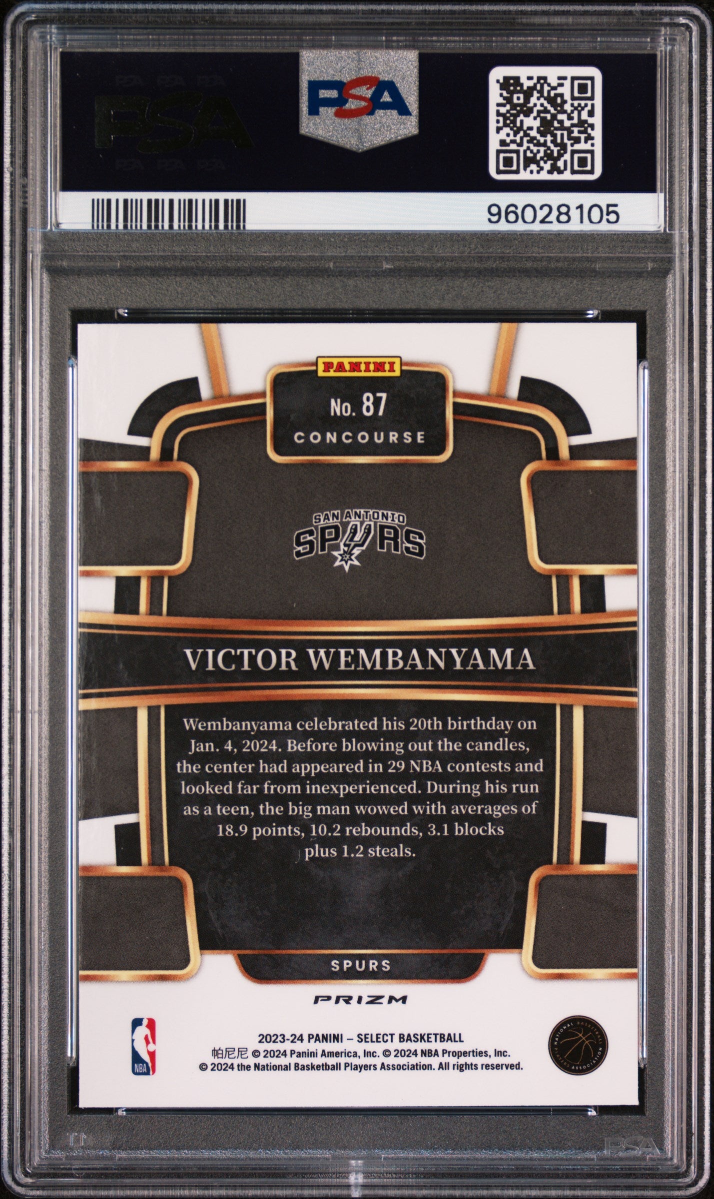 2023 Panini Select Basketball Victor Wembanyama Blue Prizm #87 PSA 10