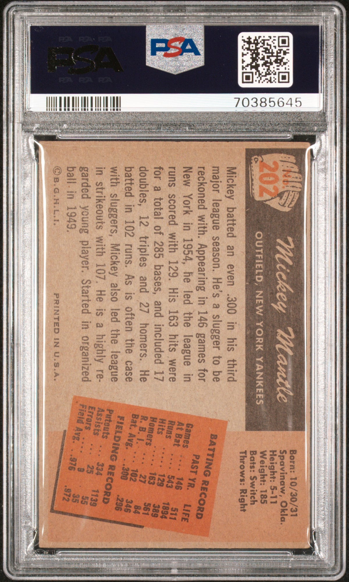1955 Bowman Bowman Baseball—Mickey Mantle #202 —PSA 3