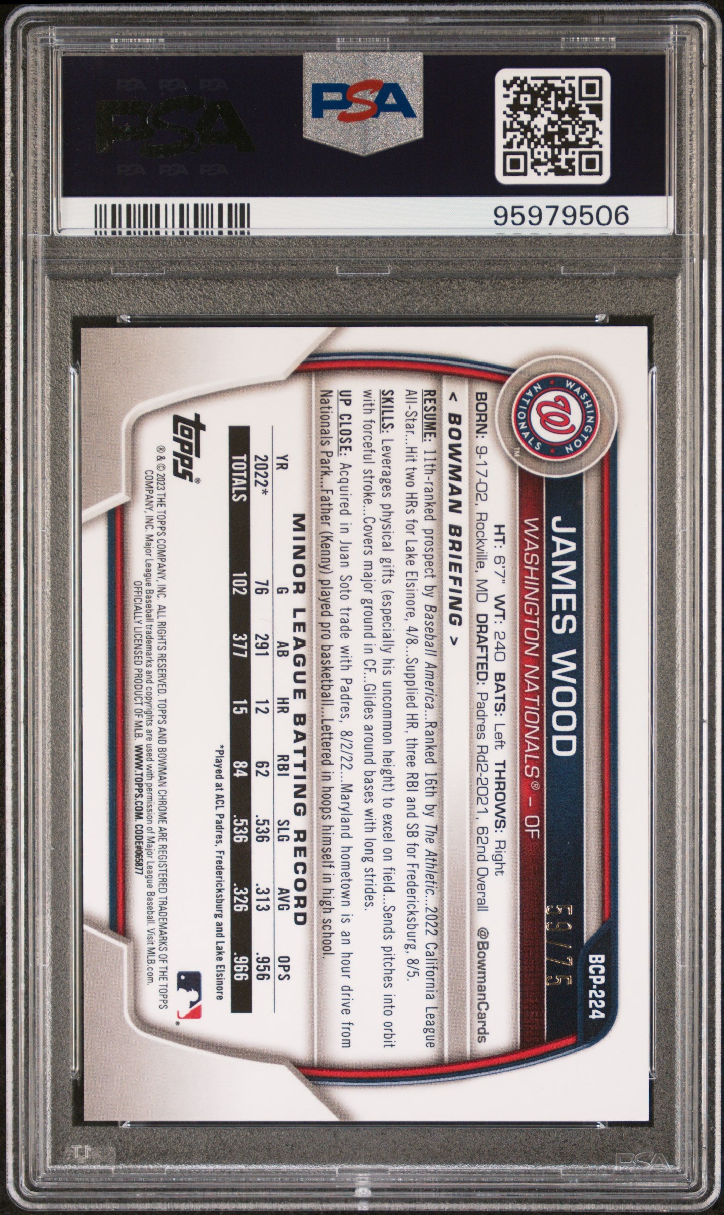 2023 Bowman Chrome Prospects Baseball James Wood /75 #BCP224 PSA 10