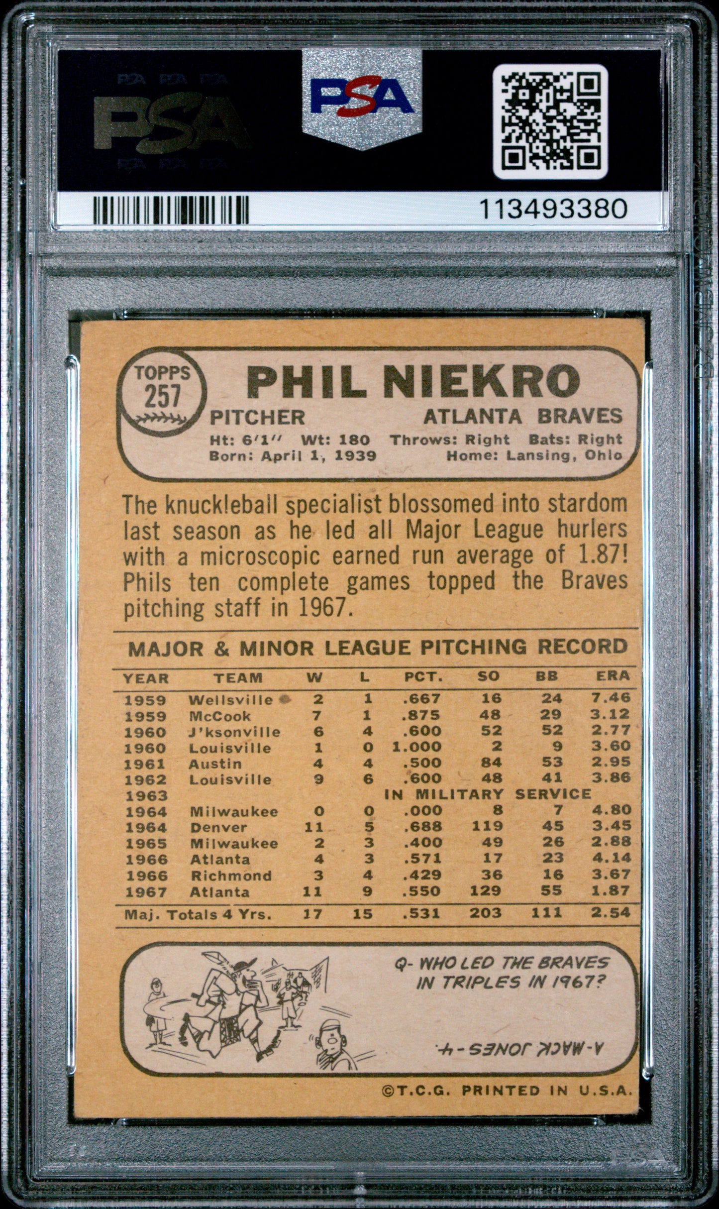 1968 Topps Baseball Phil Niekro #257 PSA 3