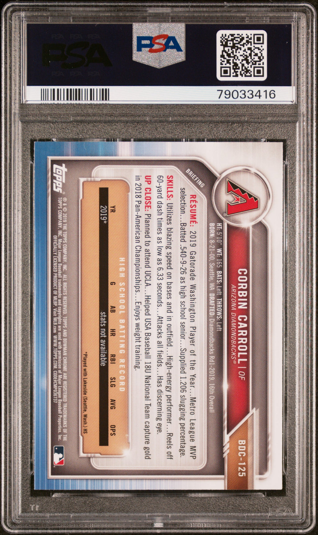 2019 Bowman Draft Chrome Sapphire Ed. Baseball—Corbin Carroll #BDC125 —PSA 10