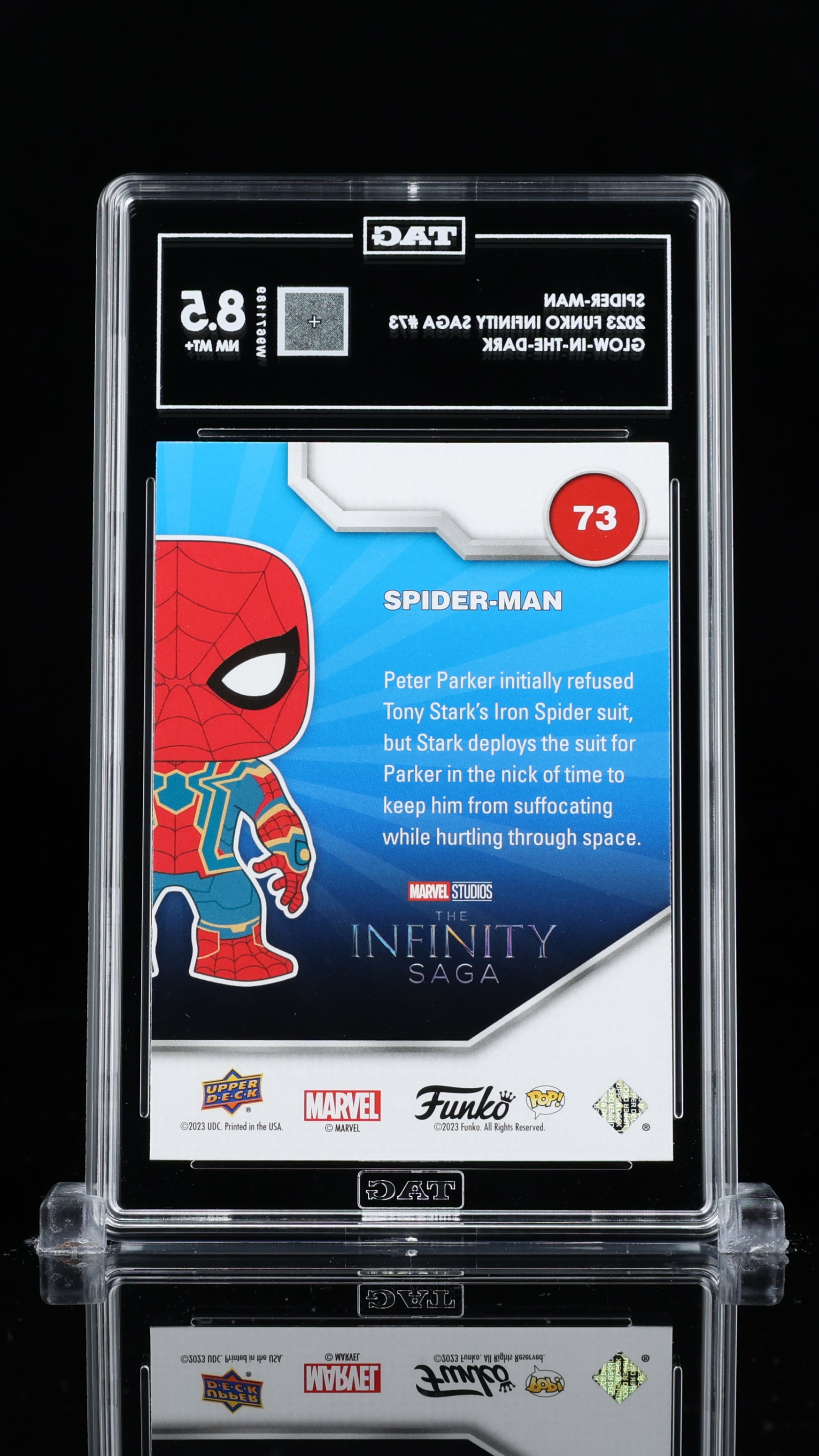 2023 Upper Deck Funko Infinity Saga Marvel—Spider-Man #73 GITD —TAG 8.5