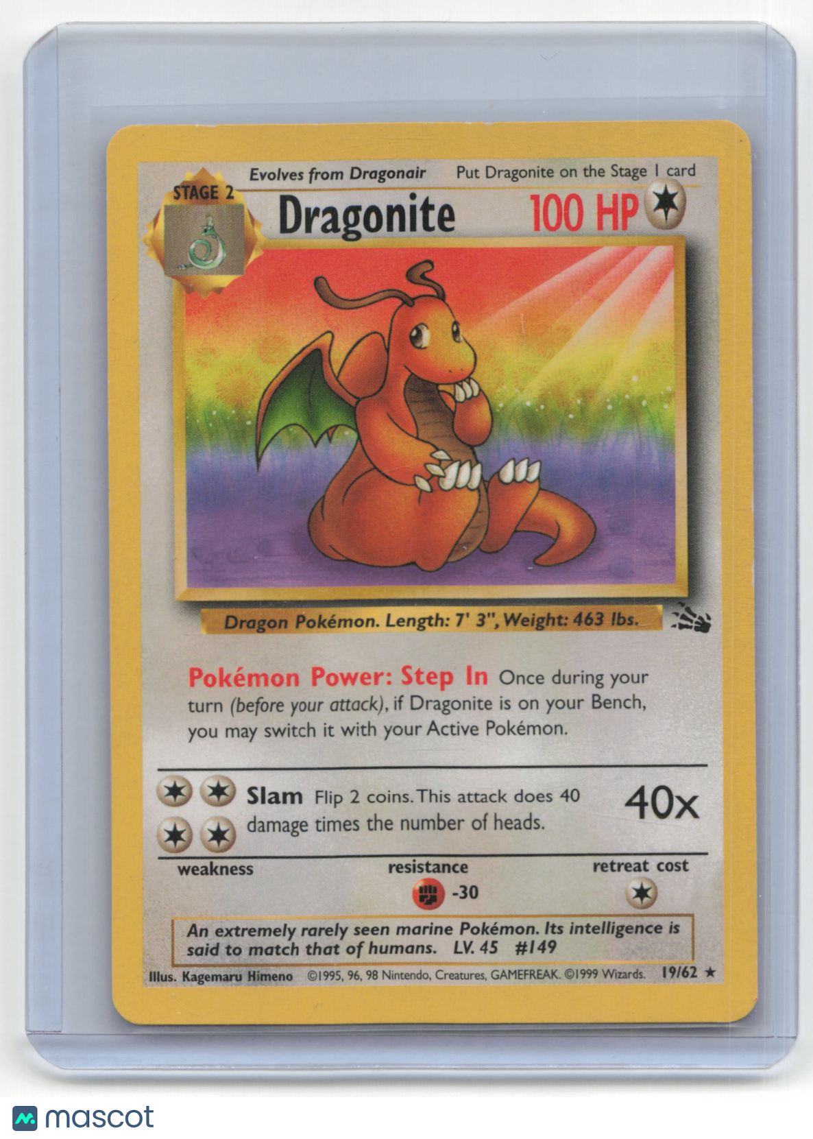 1999 Pokemon Dragonite Fossil #19/62 Moderately Played