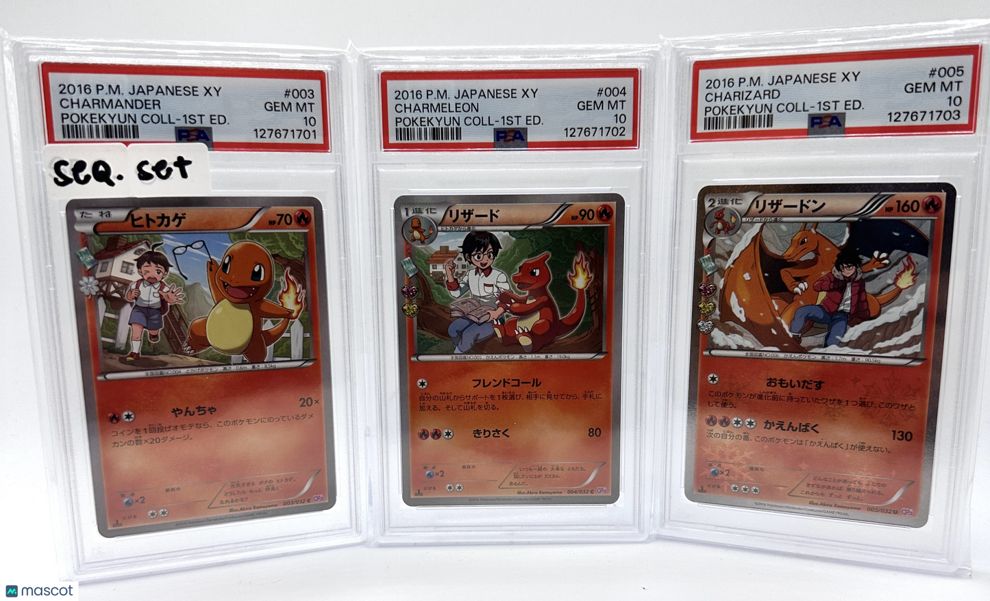 2016 Pokemon—Charmander Charmeleon Charizard PokeKyun #3-5 — JP(Seq. Set) PSA 10