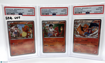 2016 Pokemon—Charmander Charmeleon Charizard PokeKyun #3-5 — JP(Seq. Set) PSA 10
