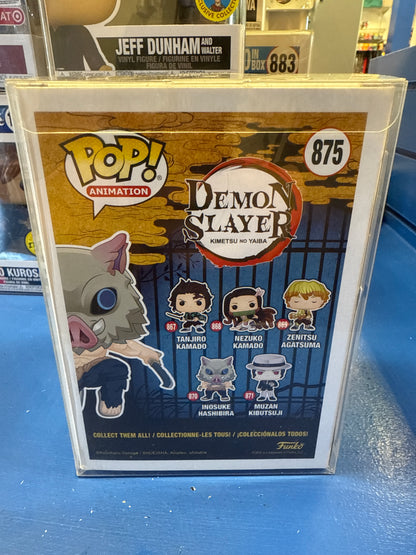 Funko Demon Slayer Inosuke Hashibira #875 (VG) CC Ex, Flocked(Bryce P. Auto PSA)