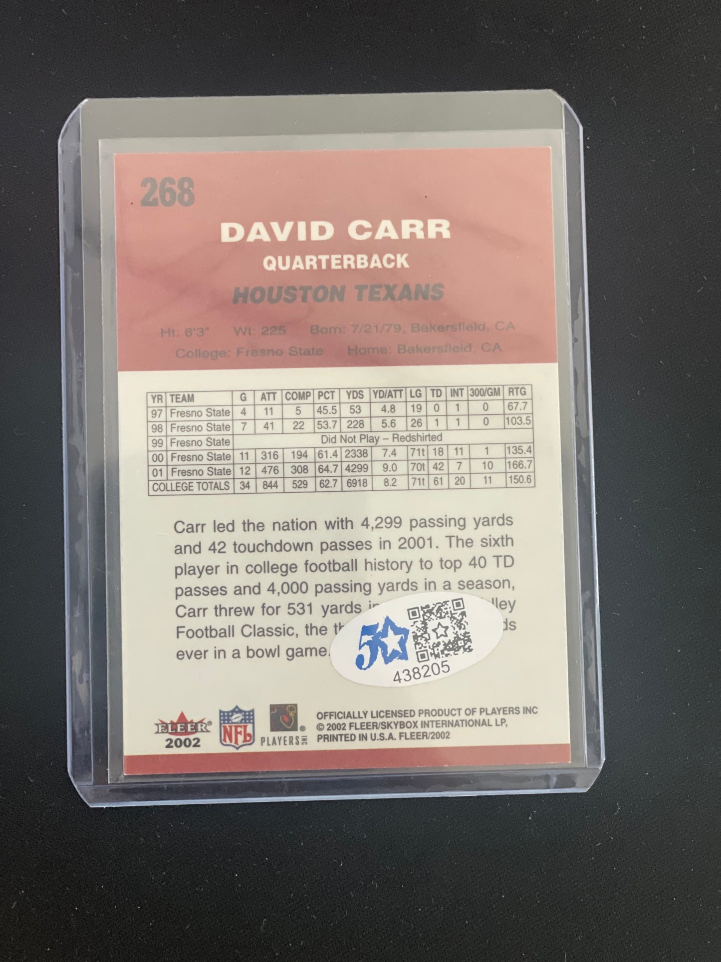 2002 Fleer Football David Carr Autograph w/COA #268