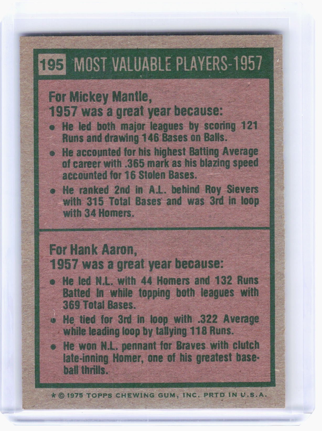 1975 Topps Baseball—1957- Most Valuable Players #195 —Very Good