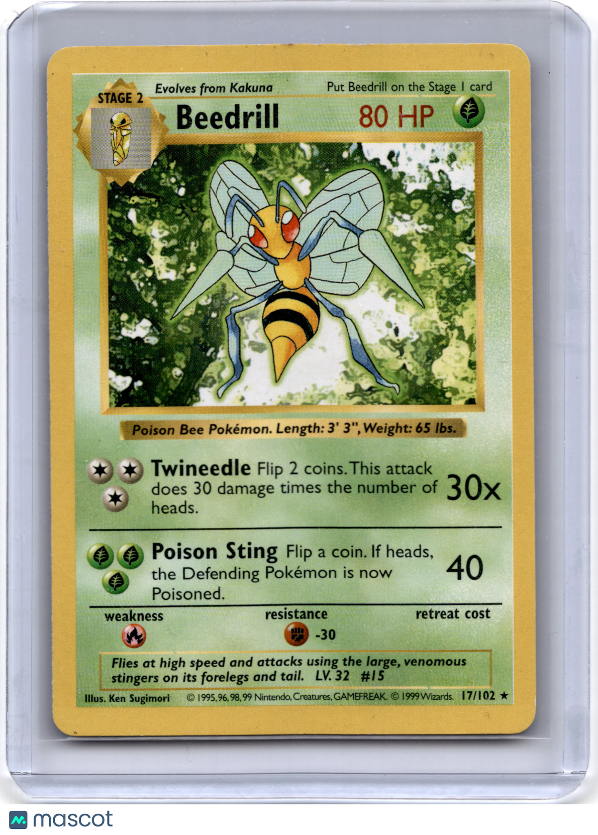 1999 Pokemon TCG Beedrill Base Set Shadowless #17/102 Mod Played - Papa Joey's Collectibles