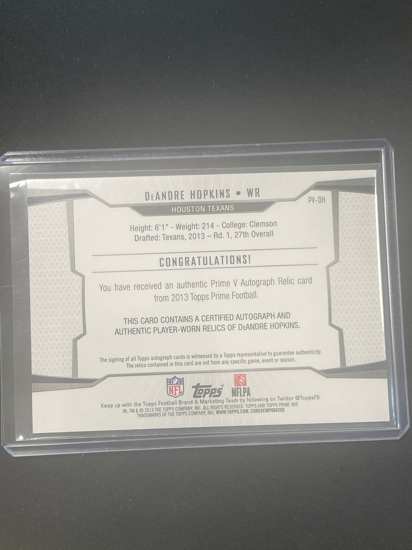 2013 Topps Prime Football Deandre Hopkins Autograph Relic /200 #PV-DH