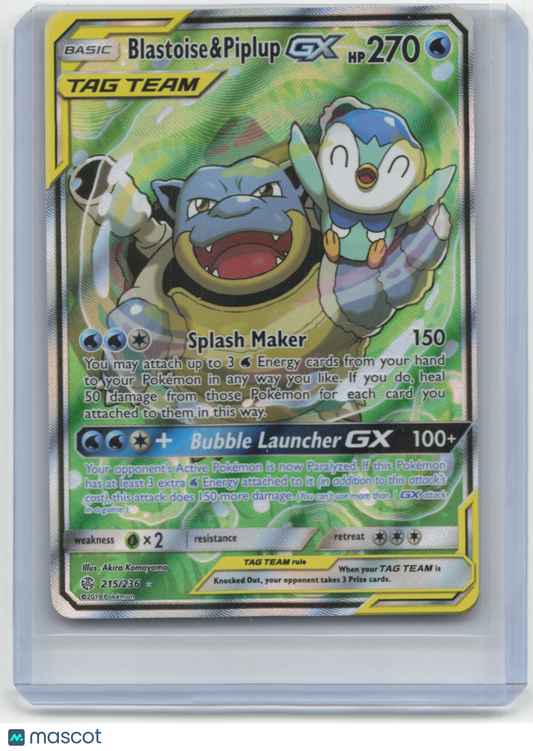 2019 Pokemon Blastoise & Piplup GX Cosmic Eclipse Rare Holo #215/236 Near Mint