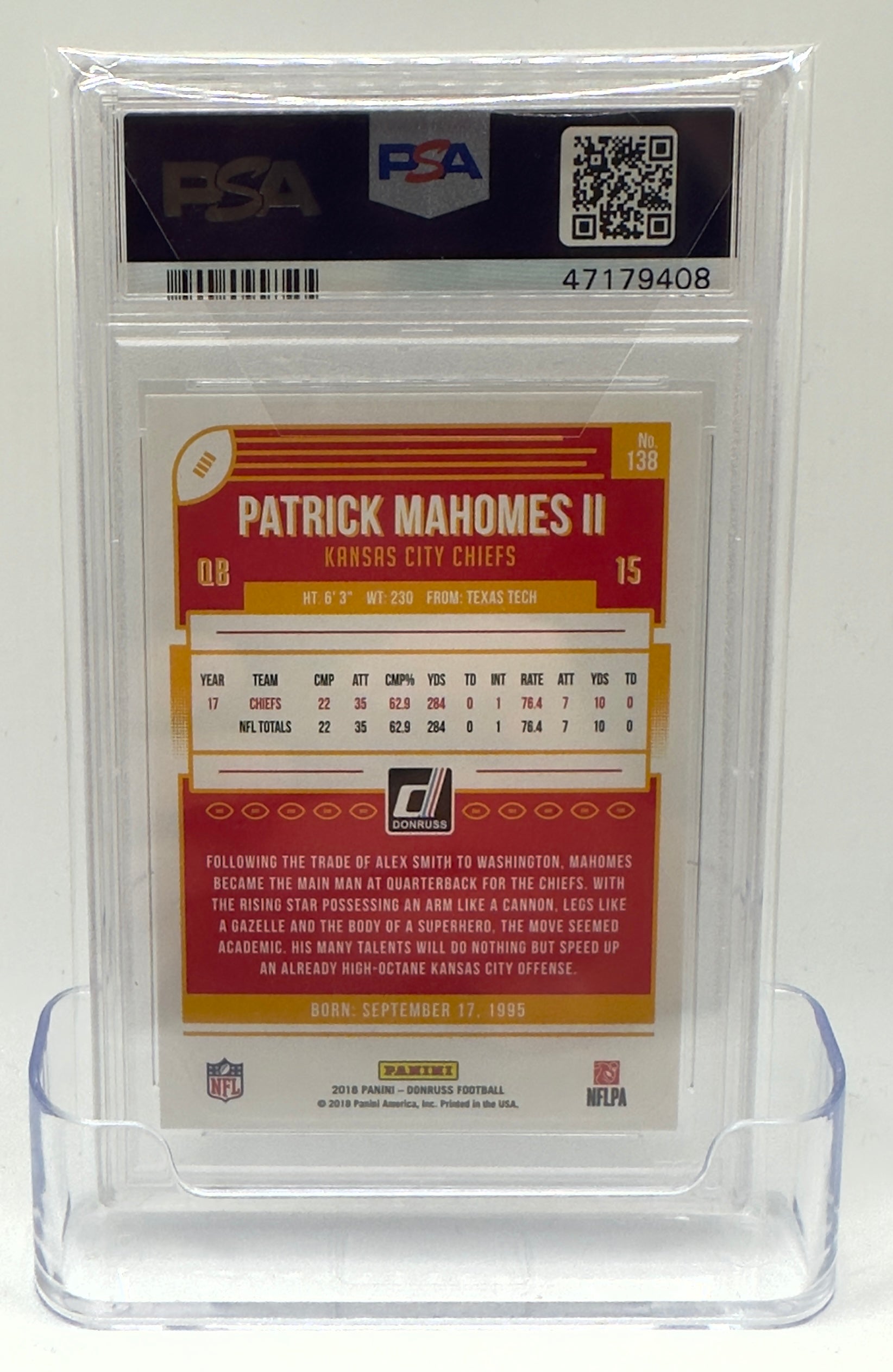 2018 Panini Donruss Football—Patrick Mahomes II #138 —PSA 10