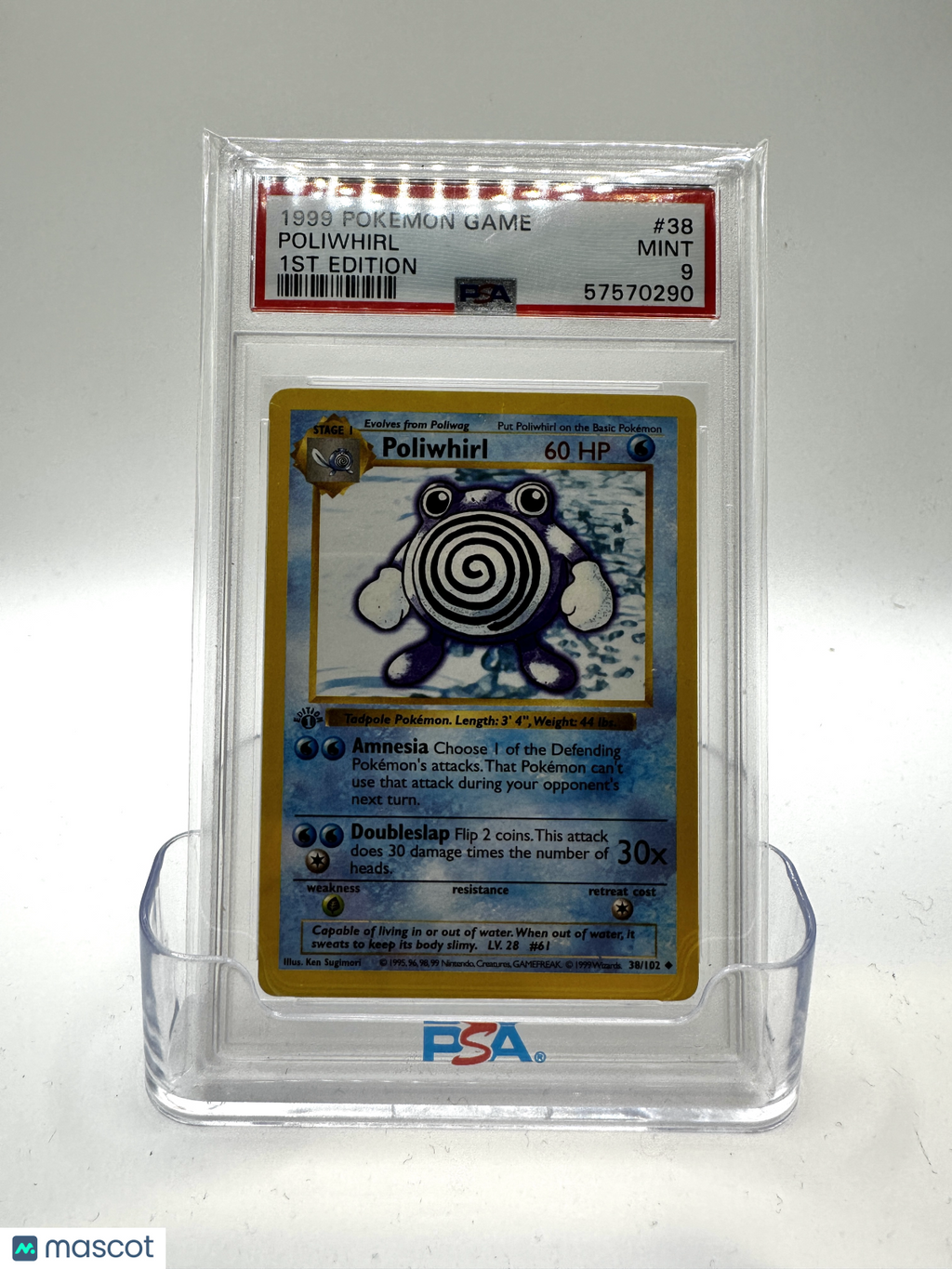 1999 —Poliwhirl #38 Pokemon Game— (Shadowless) 1st Edition PSA 9