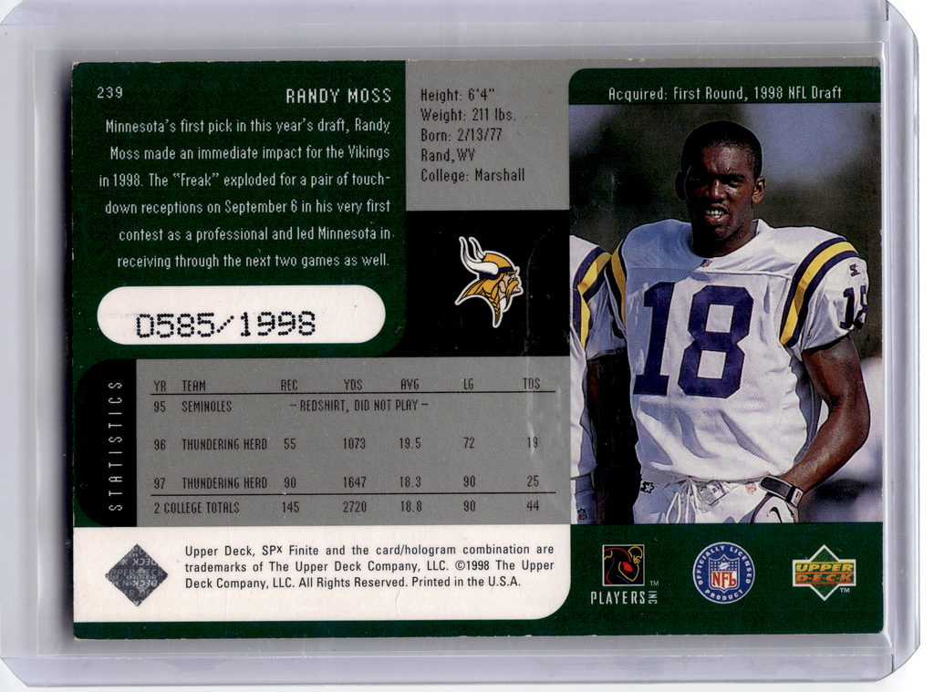 1998 Upper Deck Deck SPx Finite Football—Randy Moss #239 —Very Good