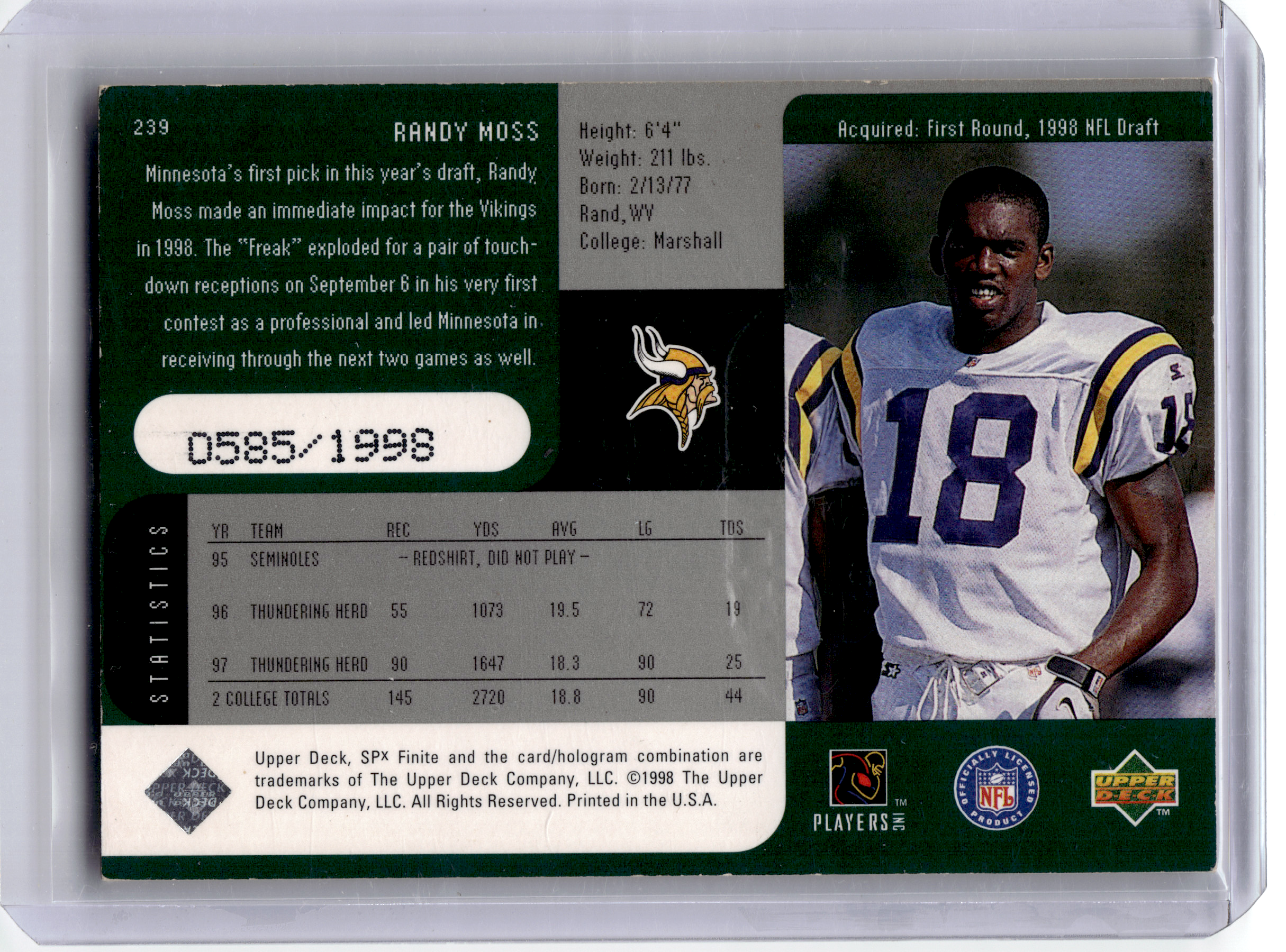1998 Upper Deck Deck SPx Finite Football—Randy Moss #239 —Very Good