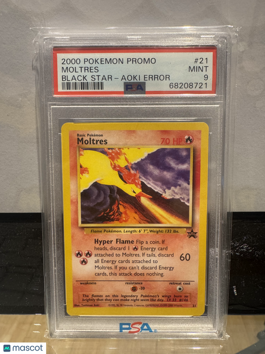 Moltres 2000 Pokemon Promo Black Star #21 Black Star-Aoki Error PSA 9