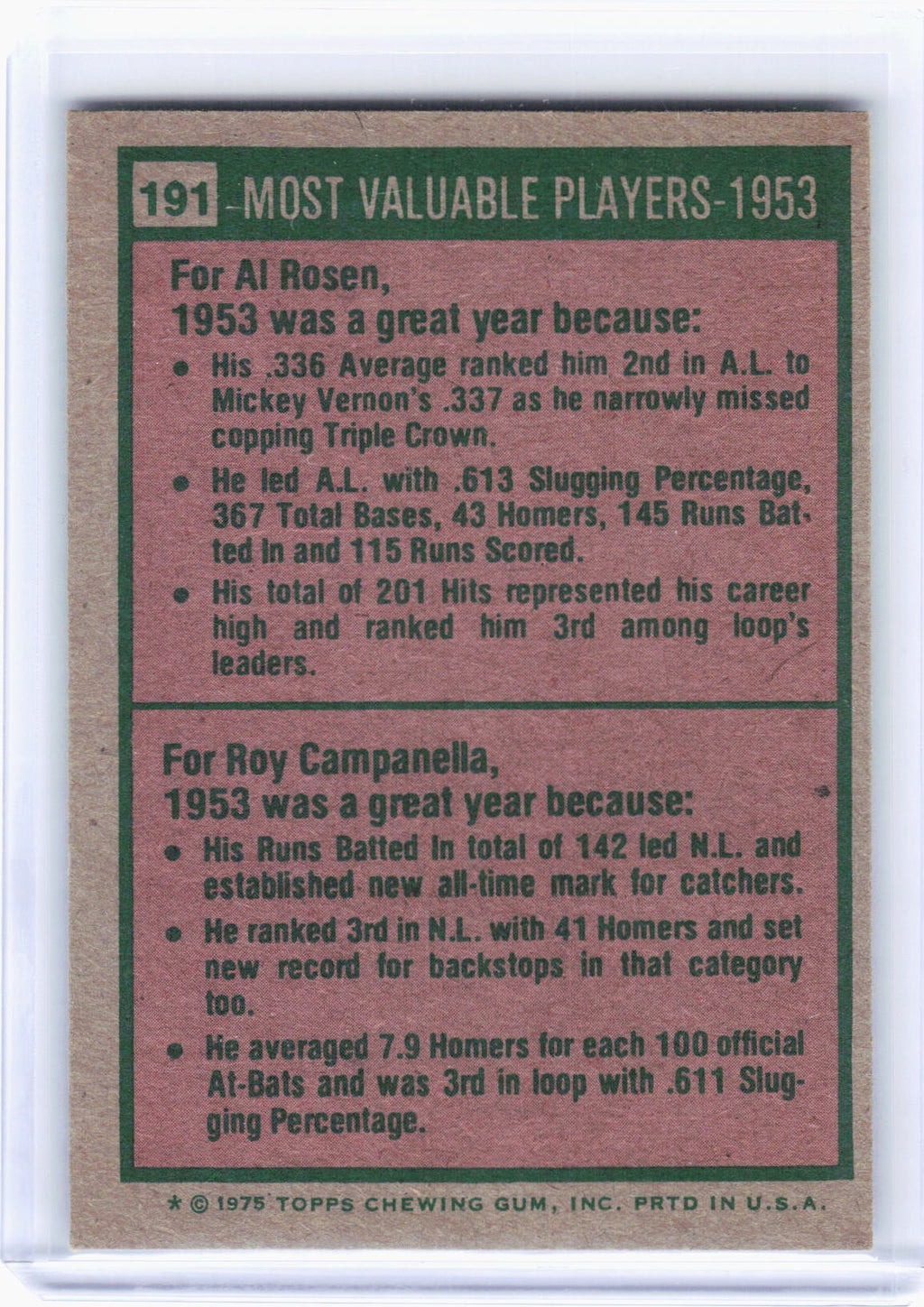 1975 Topps Baseball—1953 - Most Valuable Players #191 —Very Good