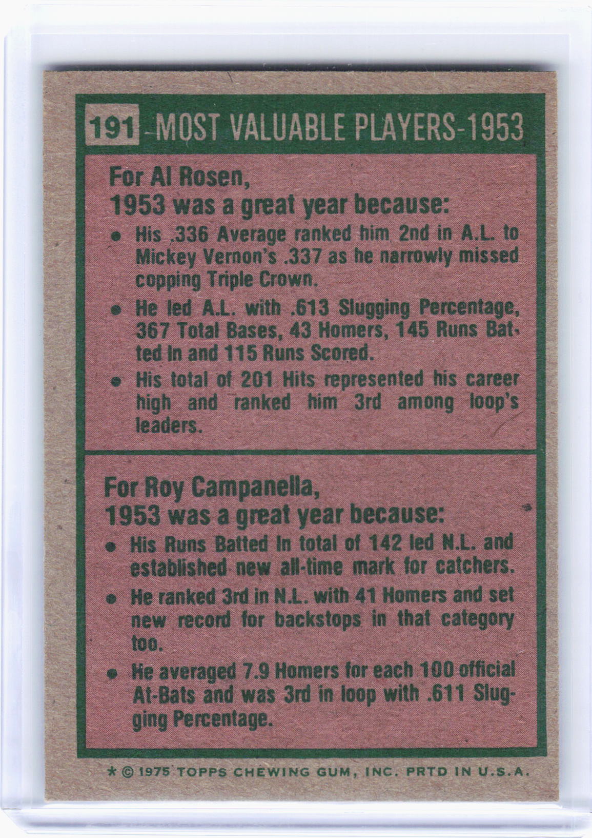 1975 Topps Baseball—1953 - Most Valuable Players #191 —Very Good