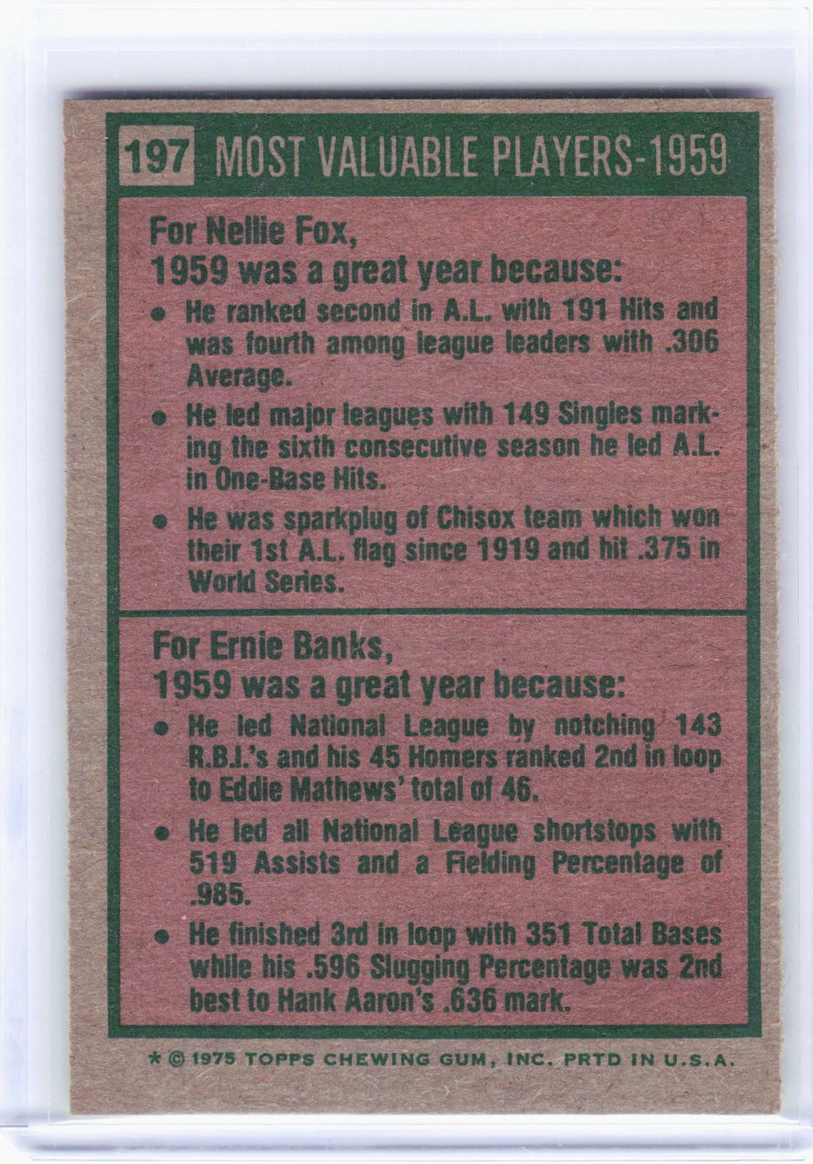 Topps 1975 Topps Baseball—1959 - Most Valuable Players #197 —Very Good