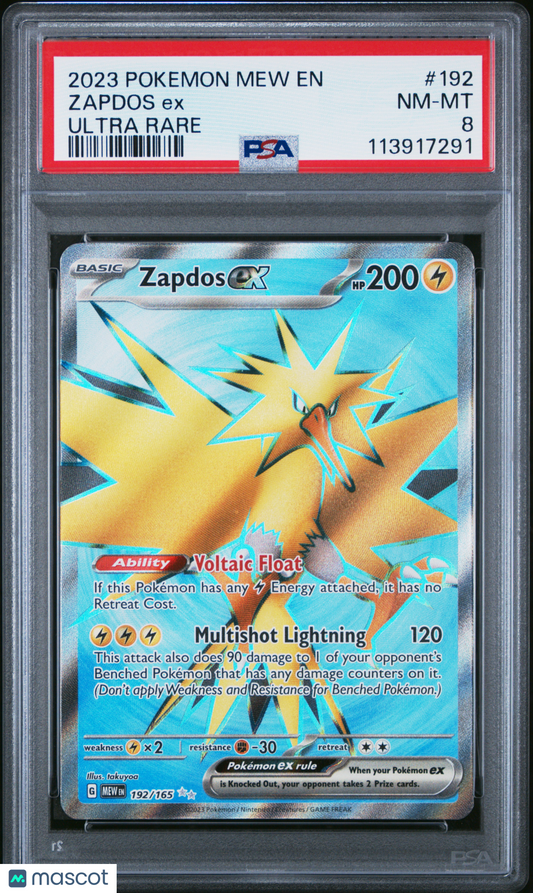 2023 —Zapdos EX #192 Pokemon 151—Ultra Rare Holo PSA 8