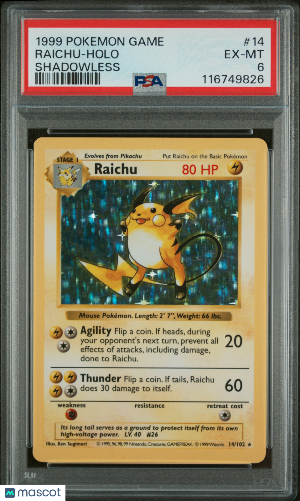 1999 Pokemon Raichu Base Set Shadowless #14/102 Holo PSA 6
