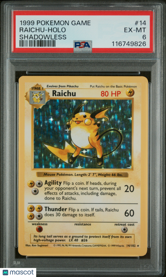 1999 Pokemon Raichu Base Set Shadowless #14/102 Holo PSA 6