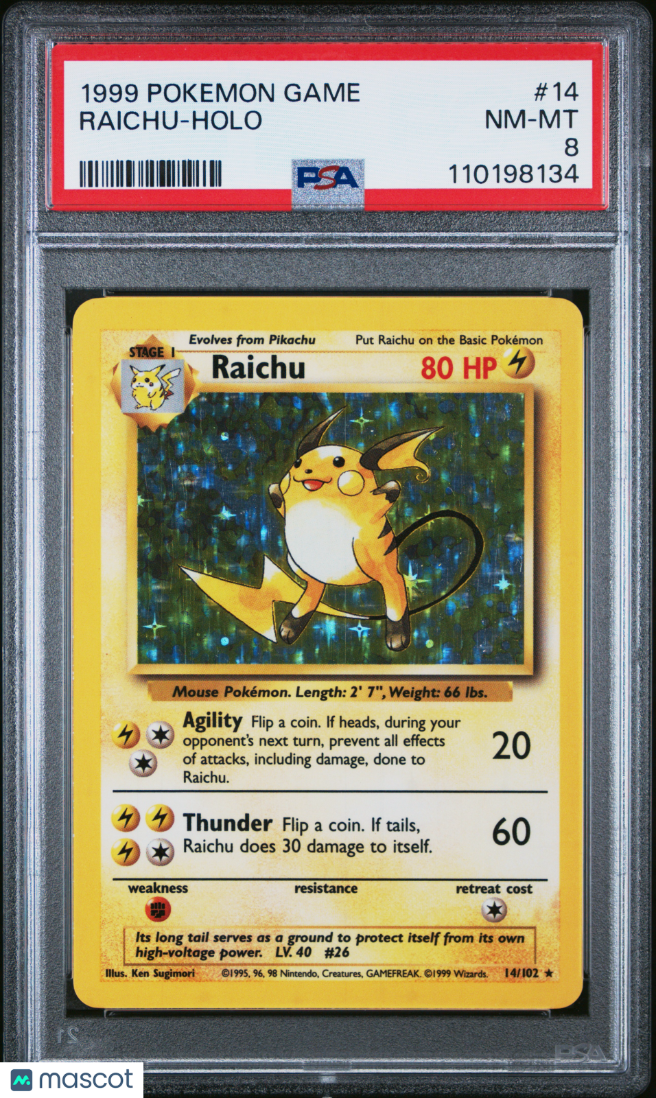 —Raichu #14 1999 Pokemon Game— Holo PSA 8
