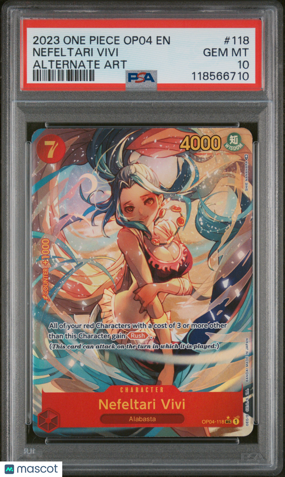 2023 One Piece—Nefeltari Vivi (Alternate Art) #OP04-118—Secret Rare Foil PSA 10