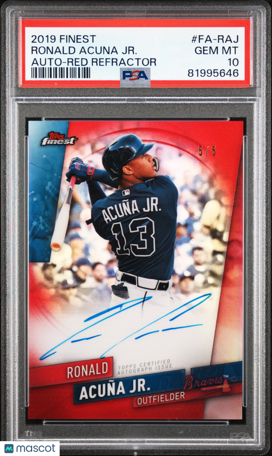 Topps Finest Autographs Baseball—Ronald Acuna JR. - Red Refractor 5 / 5—PSA 10
