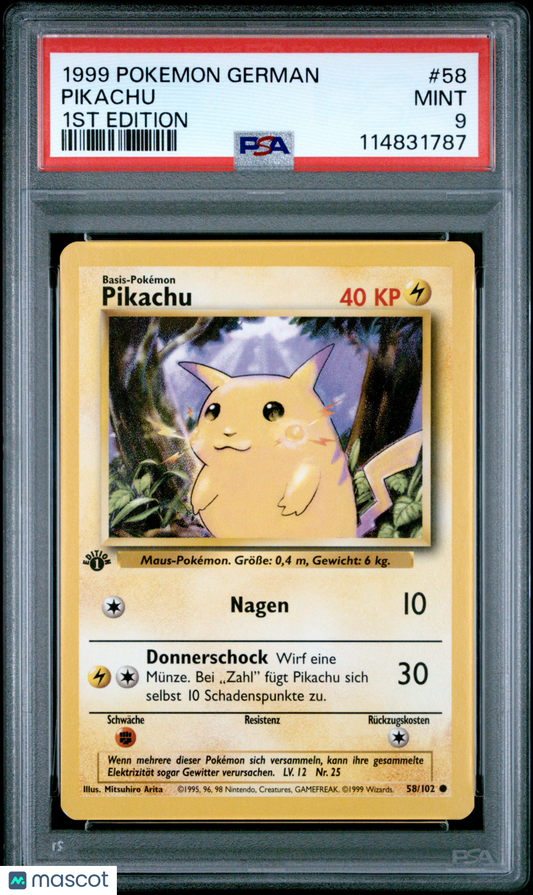 1999 Pokemon Pikachu Base Set #58 German 1ST Edition PSA 9