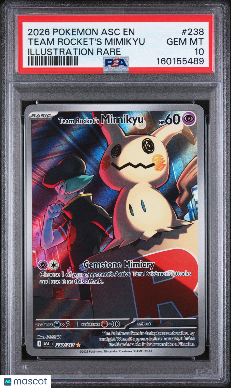 2026 Pokemon—Team Rocket's Mimikyu #238/217 ASC—Illustration Rare Holo PSA 10