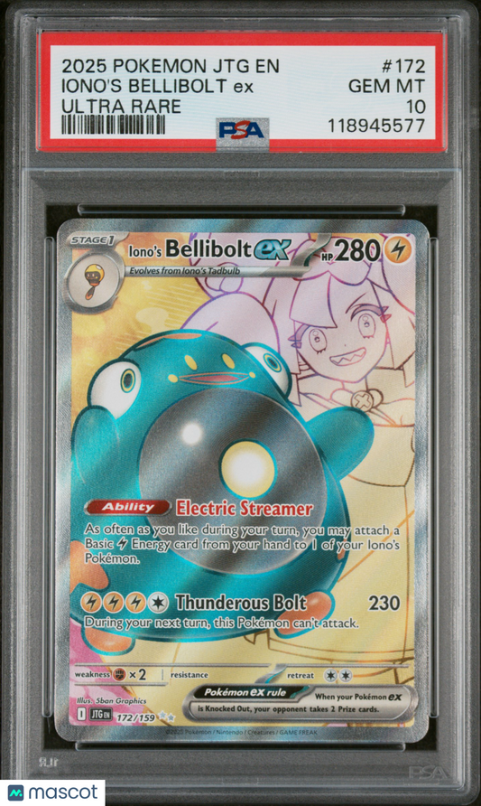 Iono's Bellibolt EX 2025 Pokemon JTG EN-Journey Together #172 Ultra Rare PSA 10