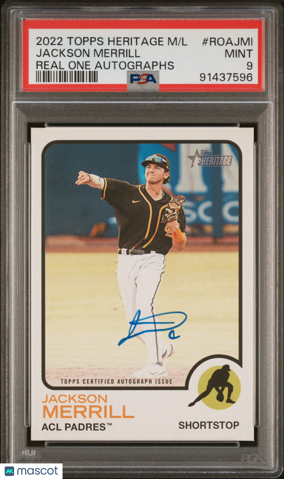 2022 Topps Heritage ML Real One Autographs Minor—Jackson Merrill #ROAJMl —PSA 9