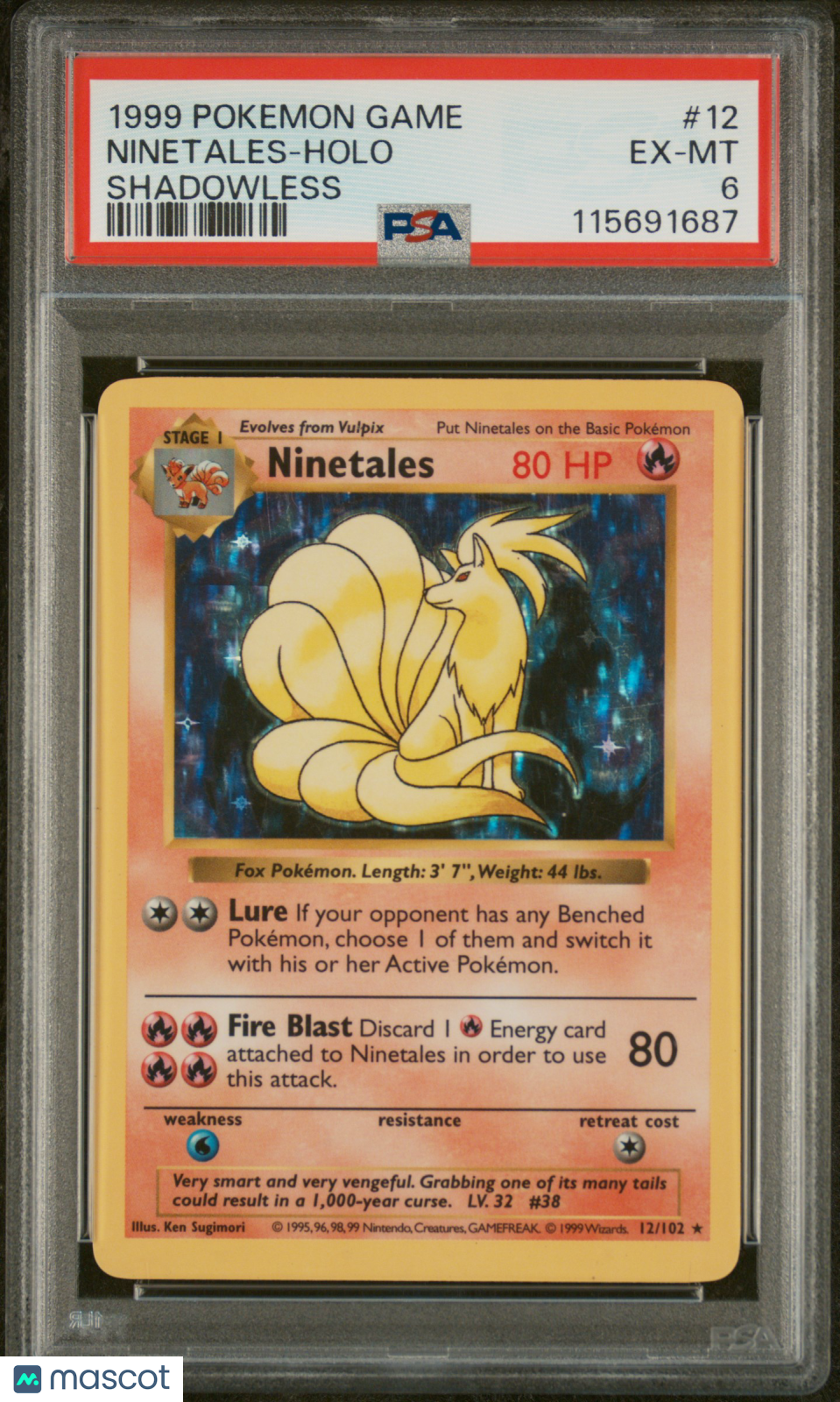 1999 Pokemon Ninetales Base Set Shadowless #12/102 Holo PSA 6