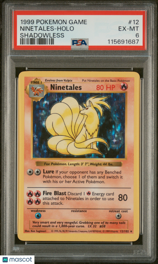 1999 Pokemon Ninetales Base Set Shadowless #12/102 Holo PSA 6