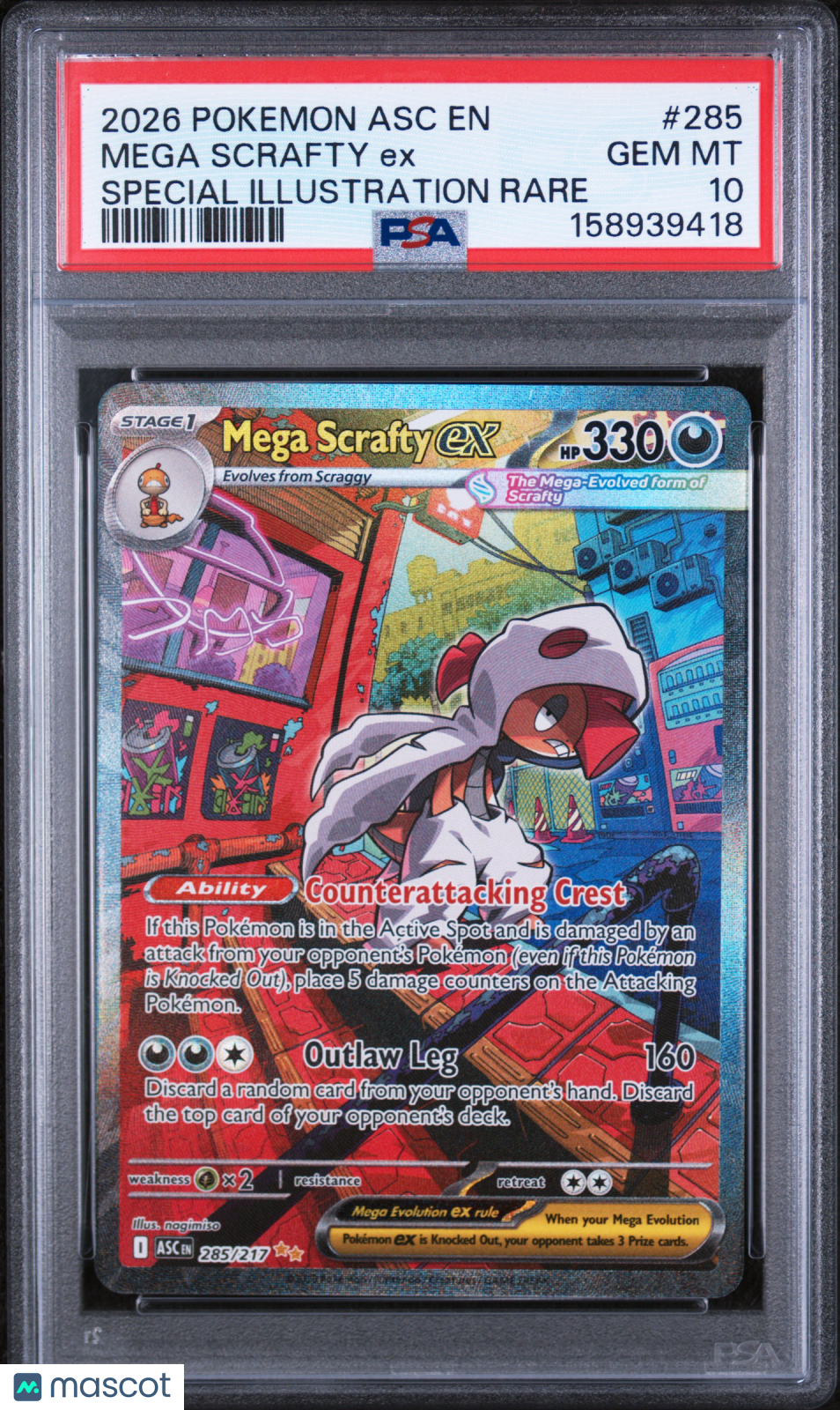 2026 Pokemon—Mega Scrafty ex #285 Ascended Heroes—SIR PSA 10