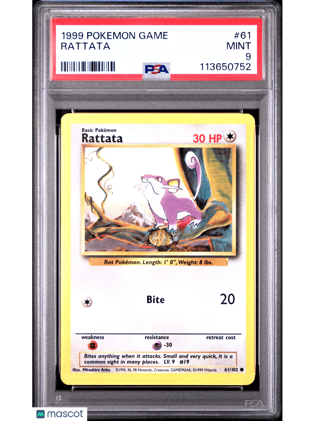 1999 Pokemon Rattata Base Set #61 Basic PSA 9 Graded TCG/CCG