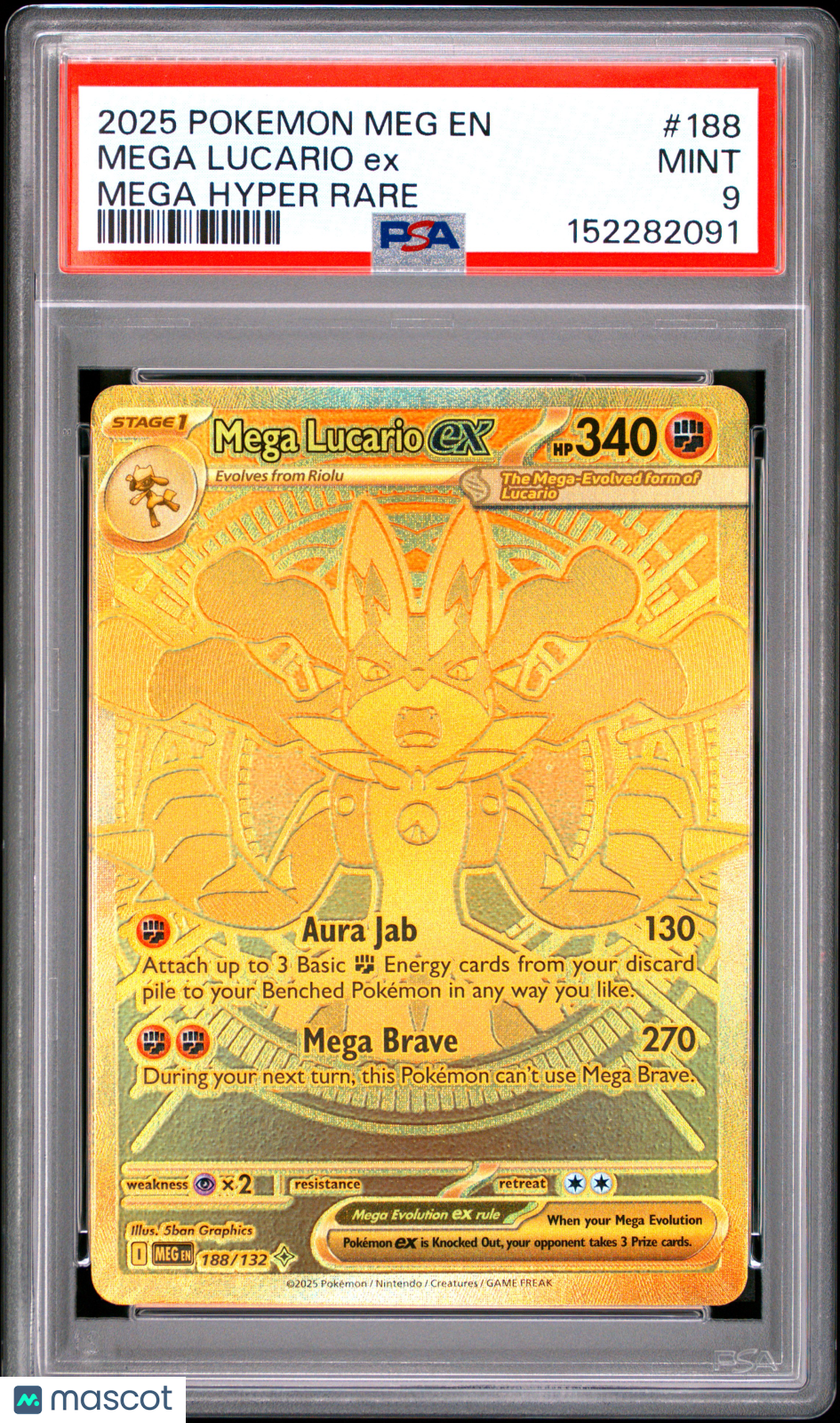 2025 Pokemon—Mega Lucario ex #188/132 Mega Evolution—Mega Hyper Rare Gold PSA 9