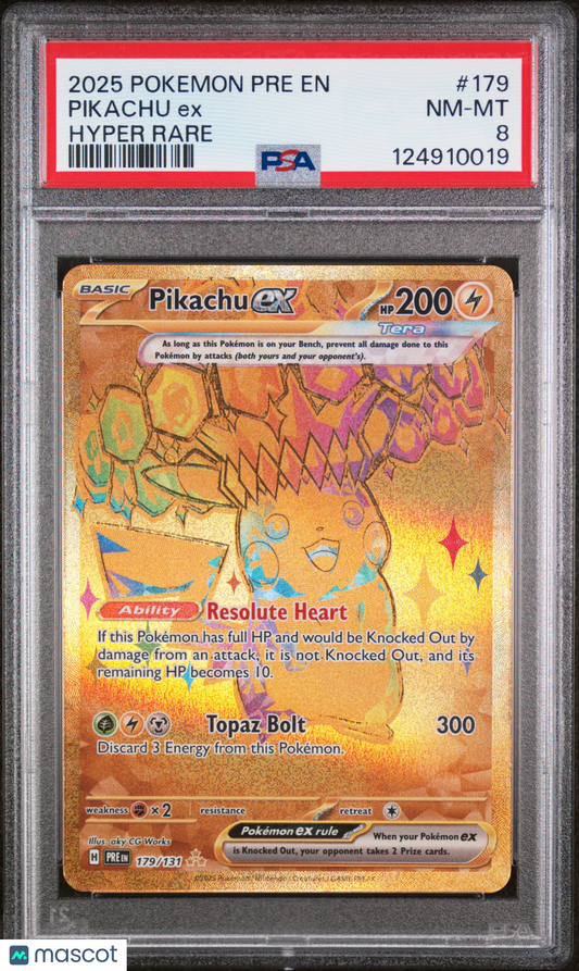 Pikachu EX 2025 Pokemon Pre EN-Prismatic Evolutions #179 Hyper Rare PSA 8