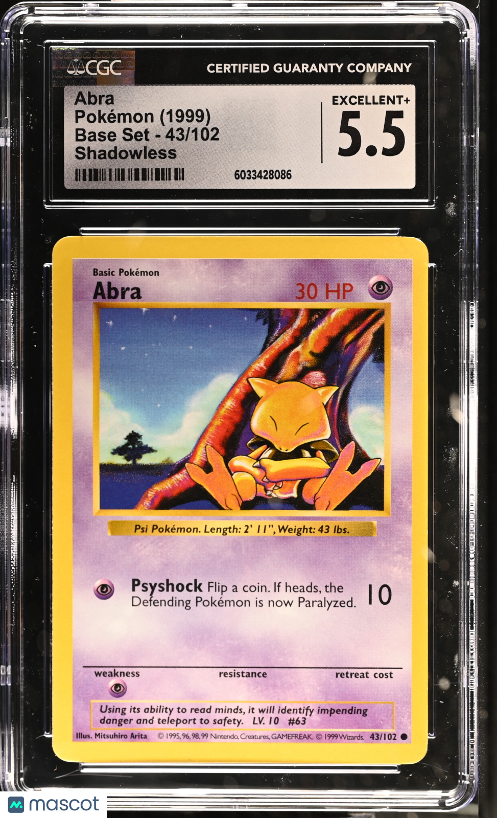 1999 Pokemon TCG—Abra #43/102 Base Set—Common Shadowless Vintage 43/102 CGC 5.5