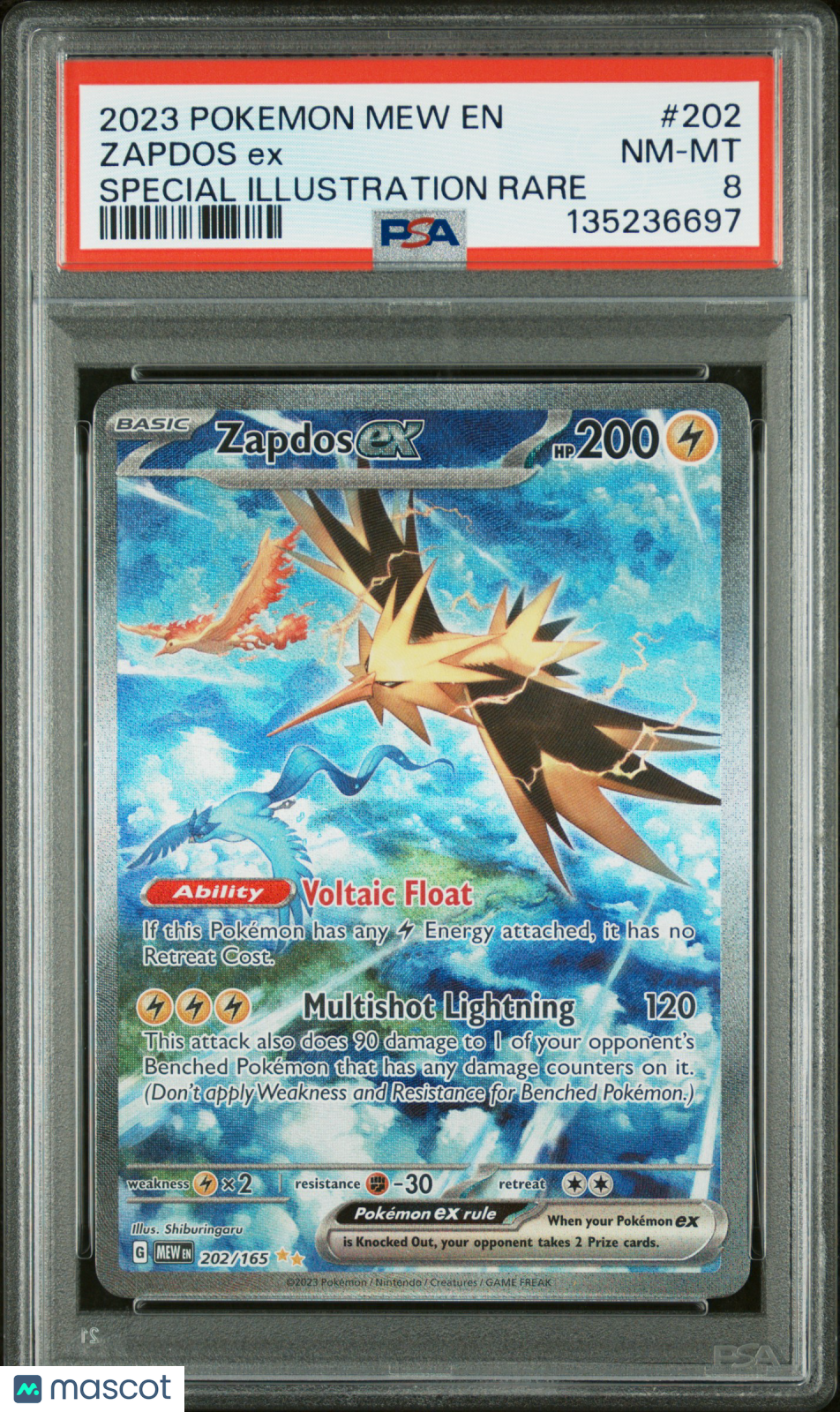 2023 Pokemon—Zapdos ex #202/165 Scarlet & Violet 151—SIR Holo PSA 8