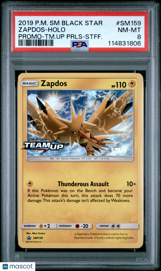 2019 Pokemon Zapdos SM Black Star Promo #SM159 Promo-TM.Up Prls-Stff. PSA 8
