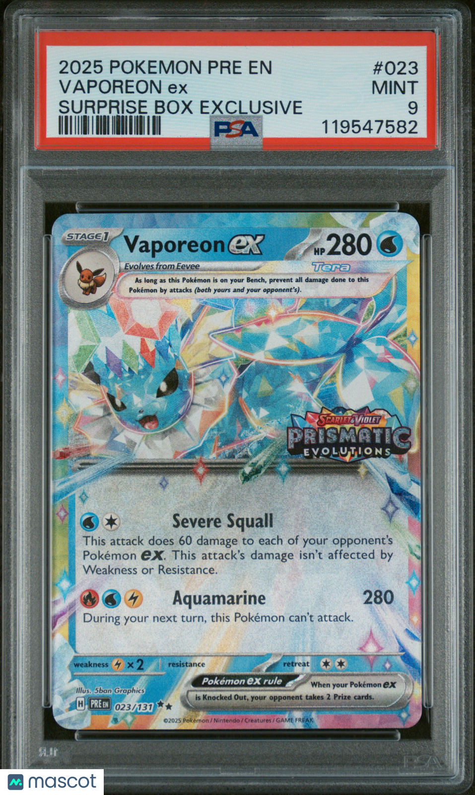 2025 Pokemon Vaporeon EX Prismatic Evolutions #023 Surprise Box Exclusive PSA 9